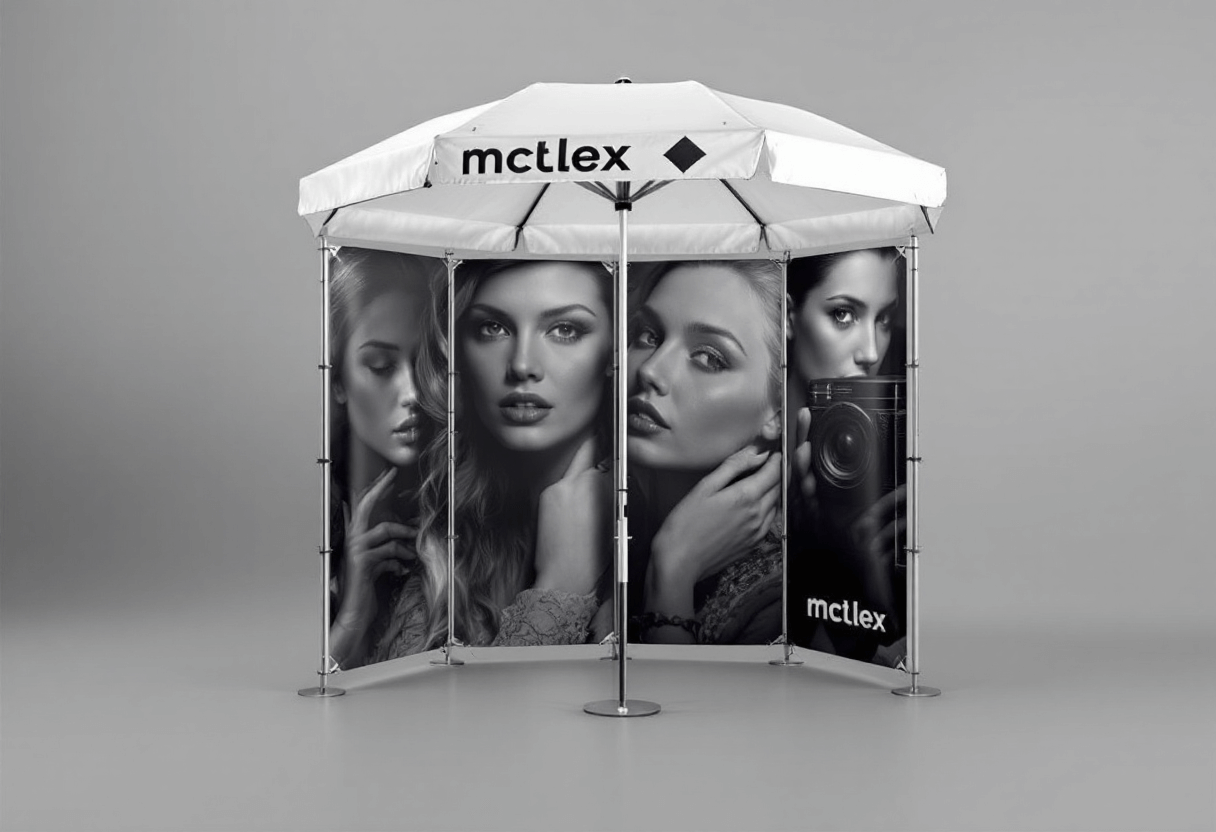 Stand parapluie déployé avec visuel.